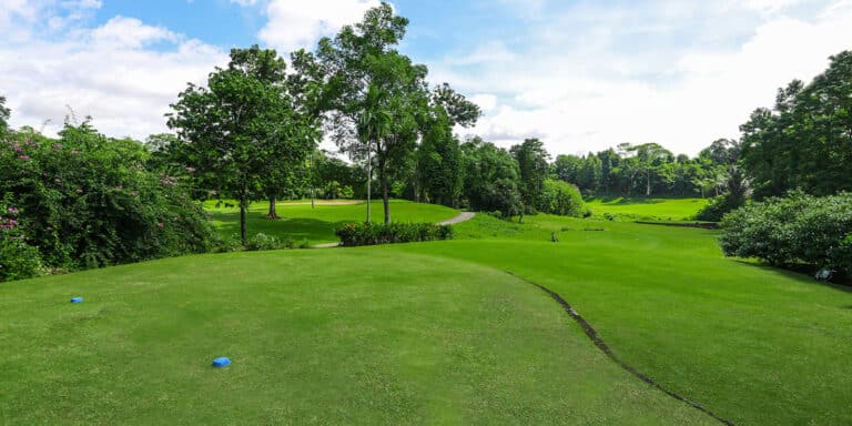 Z nine - A lush, green golf course with trimmed fairways, scattered trees, blue sky, and clouds. The golf club’s tee area with blue markers is in the foreground as a paved path curves through the scenic landscape.